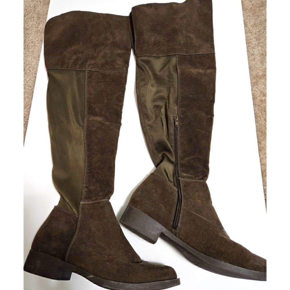 Women's Tall Suede & Material Boots in Brown EUC Size 8.5 Low Heel - Picture 1 of 5
